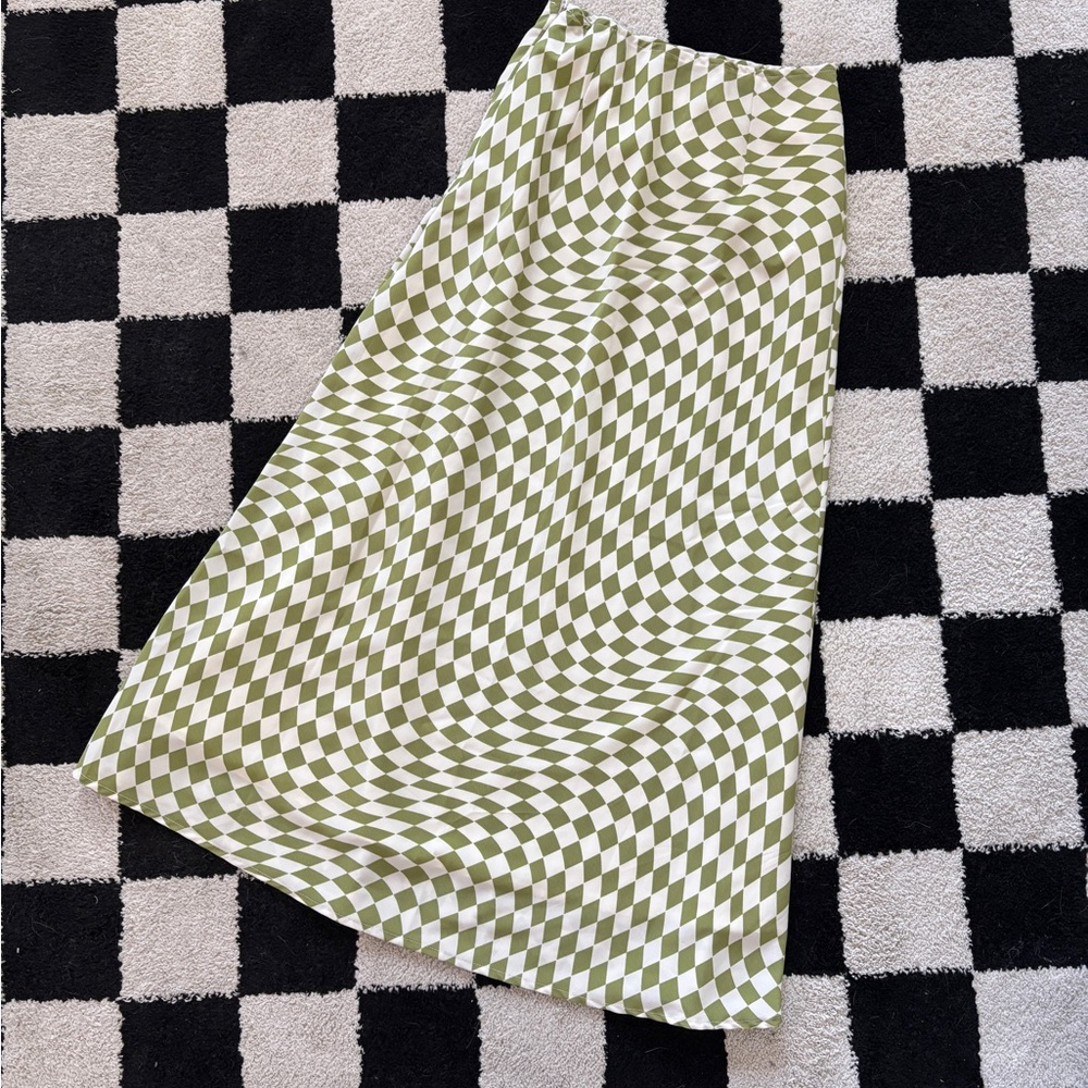 Green and White Checkered Maxi Skirt